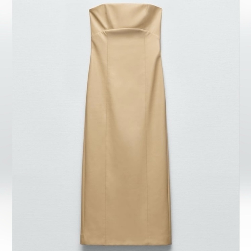 ZARA Faux Leather Strapless Midi Dress Tan Cream Size Med. NWT - Picture 12 of 13